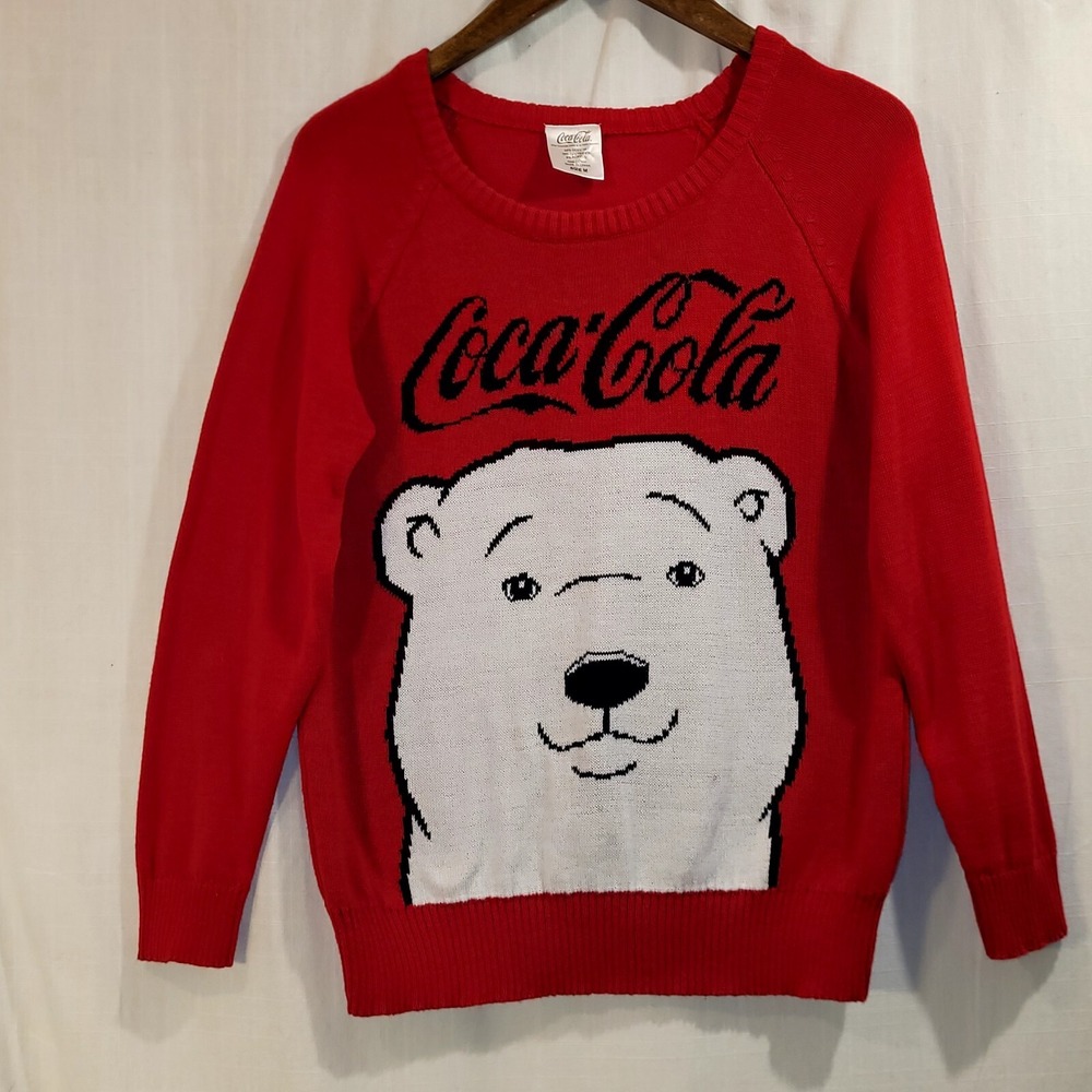 Coca Cola Women's Size M Red White Polar Bear Face Pullover Sweater Classic